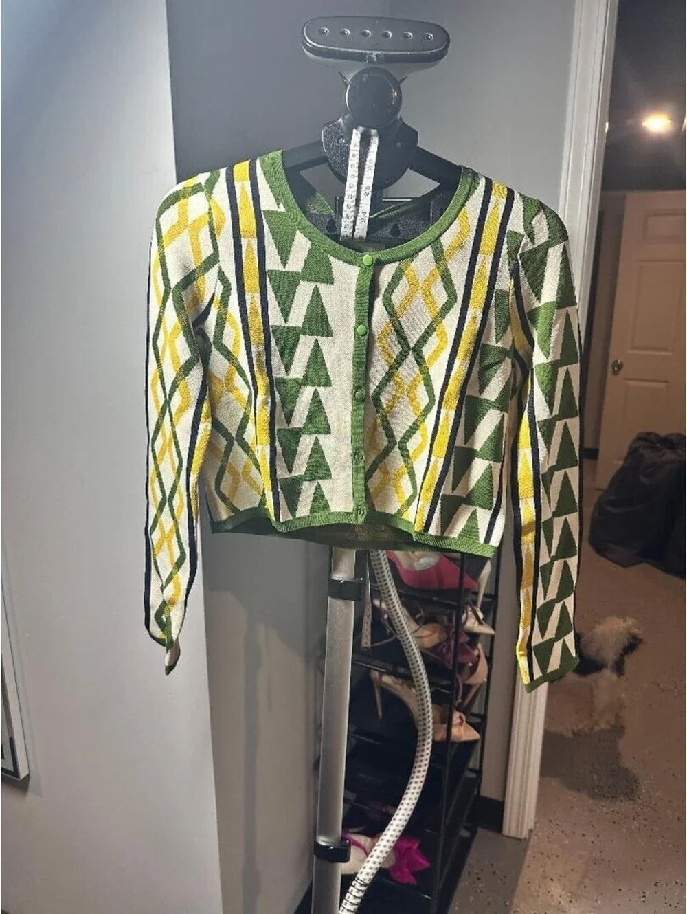 MISA Los Angeles Knit Cardigan & Pants Set Green Yellow Geometric Size S NWT